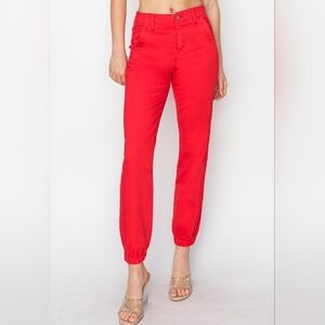 RISEN High-Rise Waist Jogger Pants Ankle Relaxed Straight Leg Red Denim Jeans